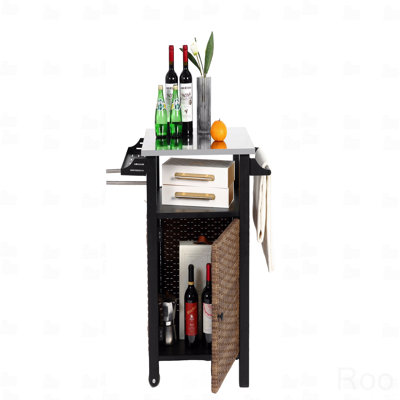 Single Door Bar Cart,Outdoor Kitchen Wicker Island Rolling Cart And Storage Cabinet, Wheels And Stainless Steel Extended Table Top, Side Handle by Latitude Run