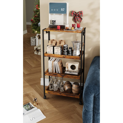 39inch Brown Large 4-Tier Wooden Folding Kitchen Storage Shelf Lockable Wheels Heavy Duty 100 Lbs Removable Shelves Space-Saving by 17 Stories