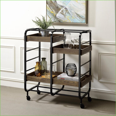 Black & Walnut Brown Industrial Serving Cart with 3 Adjustable Trays | Wood+Metal | Dining Room by Latitude Run