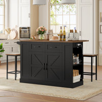 3 Pieces Farmhouse Kitchen Island Cart with Power Outlets, 2 Stools & Drop-Leaf Top | Mobile Serving Cart with Storage & Removable Wheels by August Grove