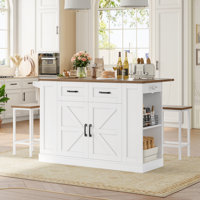 3 Pieces Farmhouse Kitchen Island Cart with Power Outlets, 2 Stools & Drop-Leaf Top | Mobile Serving Cart with Storage & Removable Wheels by August Grove