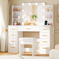 55.1"h Makeup Vanity Desk With 9 Drawers, Glass Top & Power Outlet by Wrought Studio