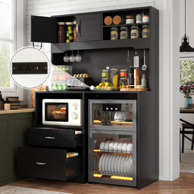 Tall Storage Cabinet With Fridge Space,fridge Cabinet With Charging Station,large Kitchen Pantry Cabinet With Wine Glass Holder And Drawers,kitchen Hu by Ebern Designs