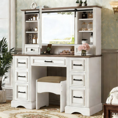 47.2" Farmhouse Makeup Vanity Set With Sliding Mirror, Dressing Table With Storage Stool by Latitude Run