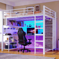 Full Size Loft Bed with L-Shaped Desk & 5 Drawers - Space Saving Loft Bed with LED Lights, Charging Station, Shelves, Clothes Rail for Home Office, Do by Latitude Run