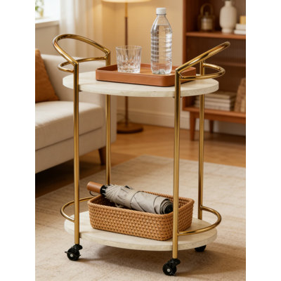 Modern Bar Cart With 2 Travertine Style Shelves, Cream And Gold Finish, Mobile Serving Cart For Living Room, Dining Room, Or Kitchen by Latitude Run