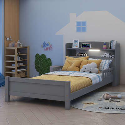 Kids Bed, Wood Kids Bed With Storage Bookcase & Headboard, Beds Frames With Detachable Rails & Led Motion Sensor Light, For Boys And Girls, No Box Spr by Ebern Designs