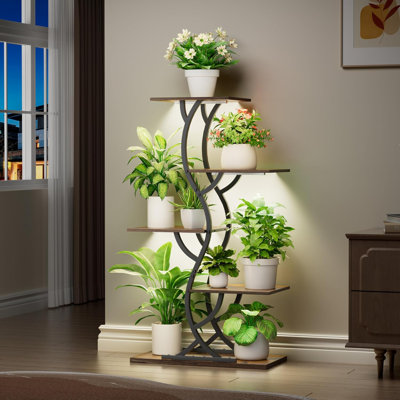 Plant Stand Indoor With Grow Lights 44" Tall Corner Plant Stands 5 Tiered Metal Plant Shelf Curved Plant Flower Holder Dispaly Rack (Black) by Arlmont & Co.