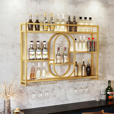 39" Upgrade Metal Wall Mounted Wine Rack, 3-Tier Large Capacity Hanging Bar Shelf, Modern Liquor Wall Shelves For Home & Dining by Everly Quinn