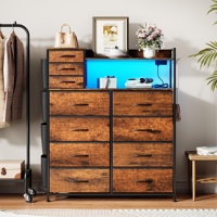 Industrial Storage Dresser with Charging Station & Lights, Fabric Drawers Organizer by Trent Austin Design