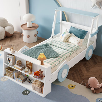 Car Bed with Storage Shelves, Kids Platform Bed with Cute Car Shape, Childlike Design by George Oliver