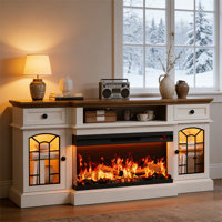 70" Farmhouse Fireplace Tv Stand For Tvs Up To 80", Entertainment Center With 36" 3-side Glass Electric Fireplace With Open Shelf And Cabinet, Tv Cons by August Grove