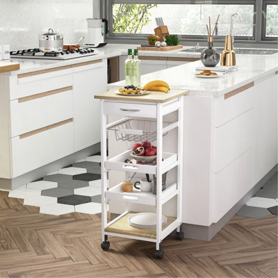 Mobile Kitchen Cart, Rolling Kitchen Island With Storage, Solid Wood Frame Utility Cart With Wire Fruit Baskets, Trays And Drawer by Latitude Run