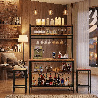 Industrial Kitchen Island With Stools, Coffee Bar Table With Storage And Power Outlet, Bakers Rack With 10 Hooks For Kitchen Dining Living Room by Trent Austin Design