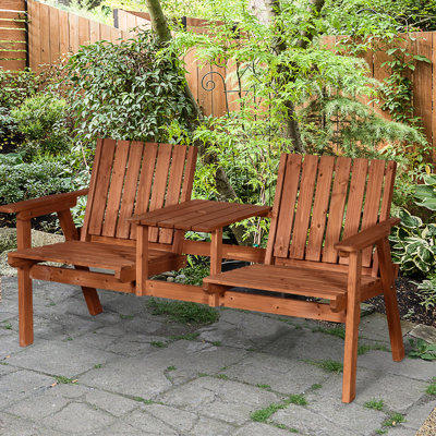 Patio Bench, Garden Bench With Middle Table And Umbrella Hole, Wooden Outdoor Bench For Patio, Porch, Poolside, Balcony, Orange by August Grove