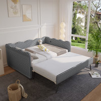 Linen Upholstered Gingham Daybed With Trundle, Usb Charging Port & Wave-shaped Design, No Box Spring Needed
