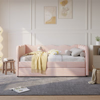Linen Upholstered Gingham Daybed With Trundle, Usb Charging Port & Wave-shaped Design, No Box Spring Needed by Latitude Run