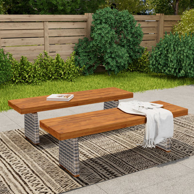Outdoor Acacia Wood Bench(Set Of 2),Teak Finish+ Wicker by Highland Dunes