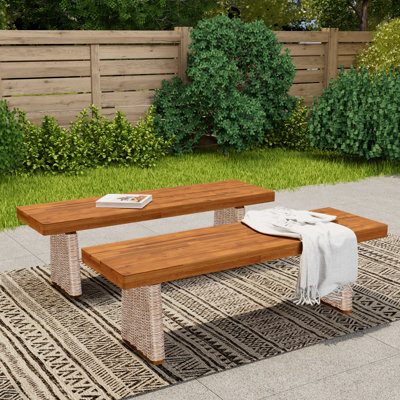 Outdoor Acacia Wood Bench(Set Of 2),Teak Finish+ Wicker by Highland Dunes