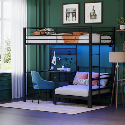 Twin Size Metal Bunk Bed With Desk,Drawers,LED Strip,USB Charging Station, Guardrails And Ladder,Black by Isabelle & Max