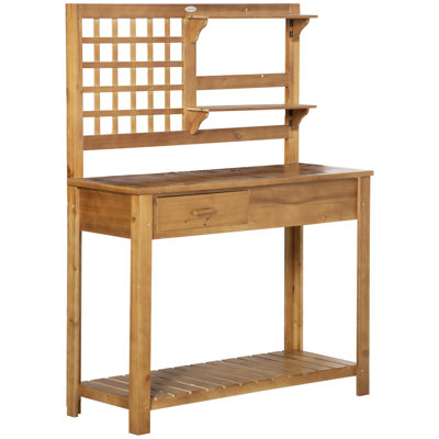 Outsunny Potting Bench Table, Garden Work Bench, Outdoor Wooden Workstation With Tiers Of Shelves And Drawer For Patio, Courtyards, Balcony, Brown by August Grove