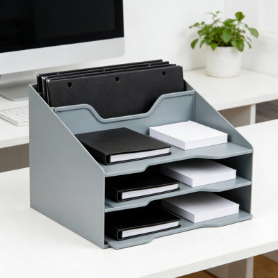 Vertical Desktop File Organizer With 5 Compartments, Plastic Paper Tray And Document Holder For Office, Home, Or Countertop by Rebrilliant