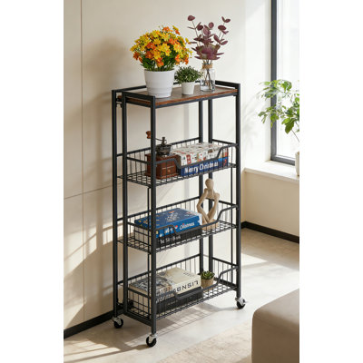 38.4 inch Black Large 4-Tier Foldable Storage Cart with Lockable Caster 100Lbs Loading Capacity Expandable Kitchen Organizer Storage Island by Trent Austin Design