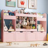 63"W Toy Storage with 4 Removable Drawers, 132L Stuffed Animal Storage with 2 Cabinet, Toy Organizer with 6-Tier Bookshelf, for Playroom, Nursery,Kids by Latitude Run