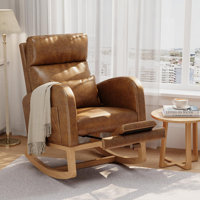 Modern Nursery Rocking Chair with Easy-Clean PU Leather Upholstery & Side Pockets & Matching Pillow, Glider for Living Room or Bedroom, Brown
