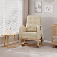 High-Back Nursery Rocking Chair with Adjustable Footrest & Soft Fleece Lambskin Upholstery & Side Pocket, Glider Recliner for Bedroom, Light Brown (wi
