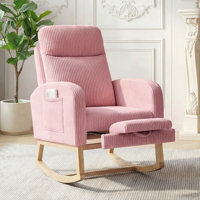 Modern Nursery Rocking Chair for Dining Service – Upholstered Fleece Glider, Footrest, High Backrest, Unicolor Wood Base, Side Pocket – Comfortable Re