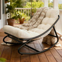 Outdoor Papasan Rocking Chair, Oversized Egg Papasan Rocking Chair, Egg Shaped Patio Chair with Ottoman, Comfy Rocker for Patio, Balcony, Porch, or In