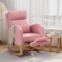 Corduroy Rocking Chair with Side Pockets & Pillow & Footrest – Modern High Back Nursery Glider with Ergonomic Support – Wood Frame Rocker for Living