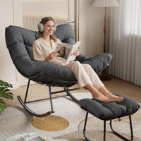 Oversized Papasan Rocking Chair with Footrest, Outdoor Rattan Egg Rocker with Ottoman & Metal Frame for Patio Balcony Backyard Porch Bedroom