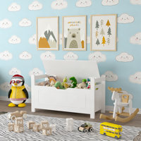 Kids Toy Box Chest, White Toy Box for Boys Girls, Large Storage Cabinet with Cushion Seat Bench/Flip-Top Lid/Safety Hinge, Toy Storage Organizer Trunk