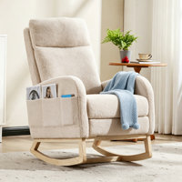 Solid Wood Rocking Chair With High Back & Side Pocket And Footrest, Teddy Upholstered, Nursery Glider For Living Room, Bedroom, Or Nursery