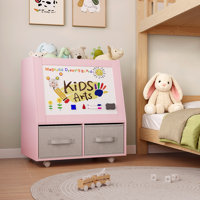 25.2"H Toy Storage with Magnetic Drawing Board, Stuffed Animal Storage with Easel,Toy Organizer with 2 Fabric Bins & 360° Swivel Wheels,Pink