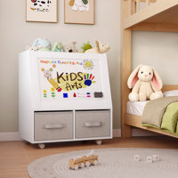 25.2"H Toy Storage with Magnetic Drawing Board, Stuffed Animal Storage with Easel,Toy Organizer with 2 Fabric Bins & 360° Swivel Wheels,White by Rebrilliant