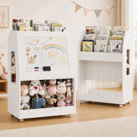 31.5" H Toy Storage Organizer, 3-Tier Kids Bookcase with Stuffed Animal Storage, Magnetic Drawing Board, 26 Letter Magnets & Swivel Wheels for Playroo