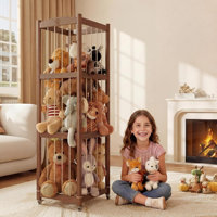 Stuffed Animal Storage Tower with Wheels, Vertical Plush Toy Organizer with Elastic Cords, Freestanding Kids Toy Storage for Nursery Playroom Bedroom by Rebrilliant
