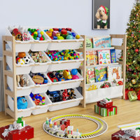 One-Piece Solid Wood Toy Storage Rack, Tiered Wooden Organizer Shelf (4 Tier) by Trinx