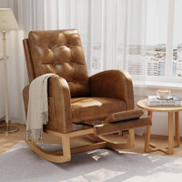 Nursery Glider Rocking Chair with High Backrest, Upholstered Breathable PU Leather & Sturdy Wooden Legs, Comfortable Nursing Chair for Bedroom, Living
