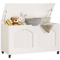 Storage Chest, Rattan-Style Toy Storage Bench with Lid and Wheels, Square Storage Trunk for Entryway, Bedroom, Living Room(White)