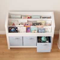 Wooden Bookshelf with 3 Tier Front-Facing Storage and 3 Fabric Bins