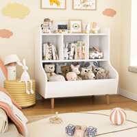 4-Tier Kids Bookshelf with Toy Storage, Child-Friendly Bookcase with Large Bottom Compartment and Wooden Legs
