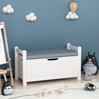 Kids Toy Box Chest, White Toy Box for Boys Girls, Large Storage Cabinet with Cushion Seat Bench/Flip-Top Lid/Safety Hinge, Toy Storage Organizer Trunk by Trinx
