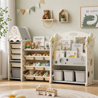 Kids Toy Storage Organizer, 4-Tier Bookshelf with 17 Removable Bins, Multi-Purpose Toy Shelf for Playroom Bedroom Nursery Living Room, Cream by Isabelle & Max