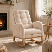 Indoor Teddy Upholstered Rocking Chair With Pull-Out Footrest And Side Pocket