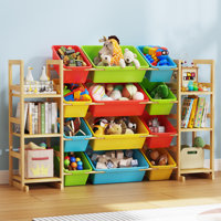 Large Toy Storage Organizer, 12 Removable Bins and 6 Open Shelving Units Combination, Natural Solid Wood Kids Bookshelf for Kids Room, Playroom, Multi