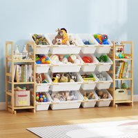Large Toy Storage Organizer, 16 Removable Bins and 6 Open Shelving Units Combination, Natural Solid Wood Kids Bookshelf for Kids Room, Playroom, White